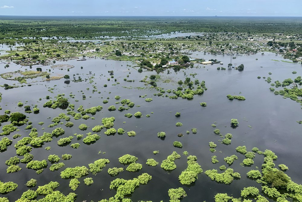 Foto van de overstroming in de regio rondom Pibor, Zuid-Soedan van 4 september 2020.