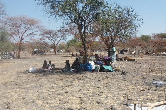 Ontheemde mensen in Aburoch, Zuid-Soedan slapen onder een bomen.