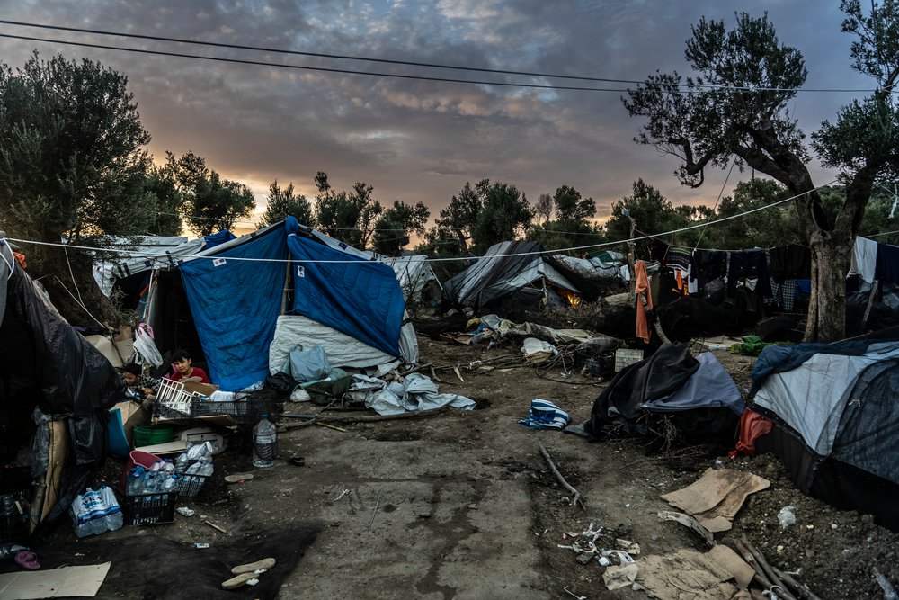 Vluchtelingenkamp Moria in de nacht