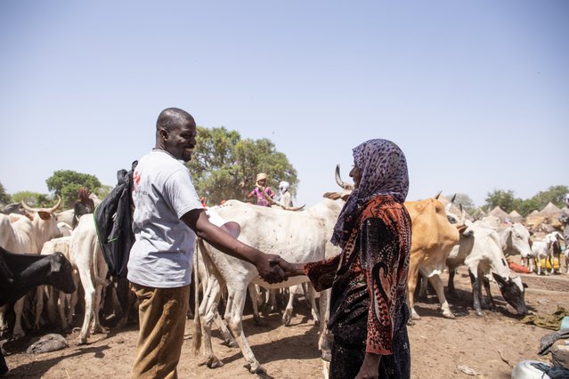 Hulpverlener Artsen zonder Grenzen vertelt een nomade in Tsjaad over de start van een grote vaccinatiecampagne.